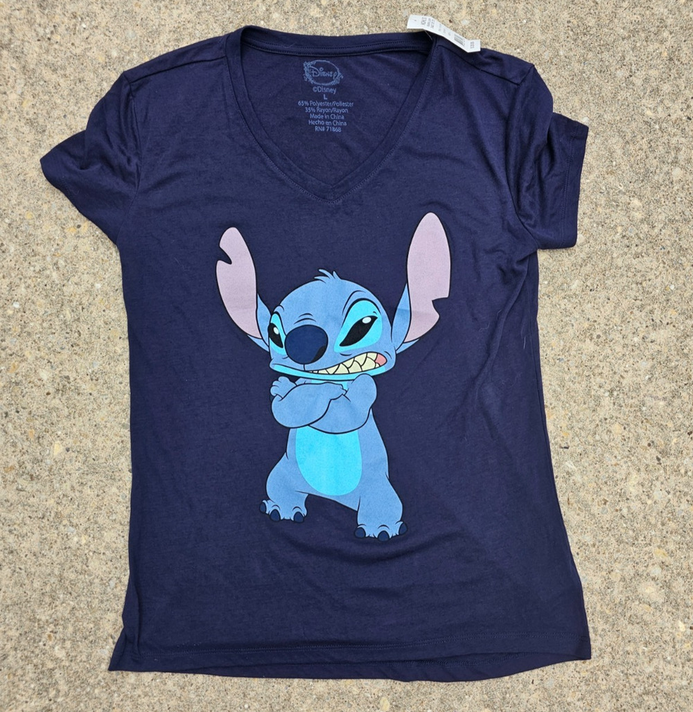 New Disney Lilo And Stitch V-Neck Short Sleeve Shirt Size Large Jrs Angry